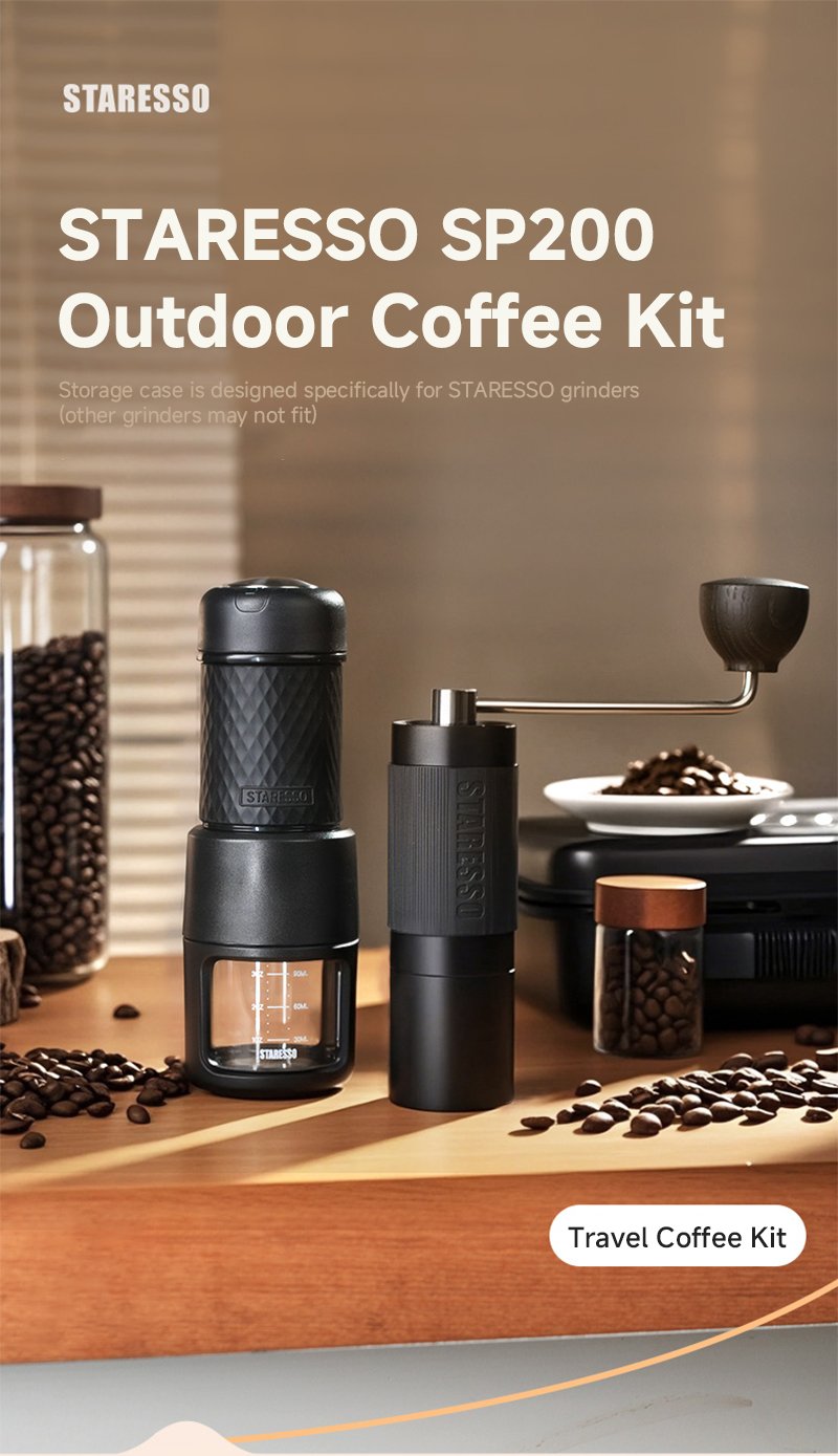 Basic camping gear laid out for making coffee during a travel trip.