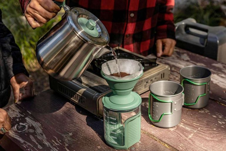A rustic campsite setup for making coffee without any equipment in the wild.
