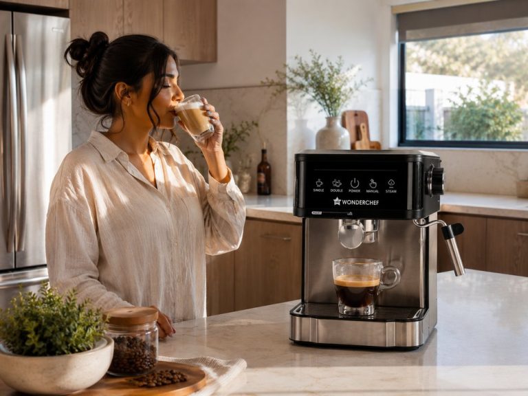 A modern coffee maker on a clean kitchen counter preparing a fresh cup.