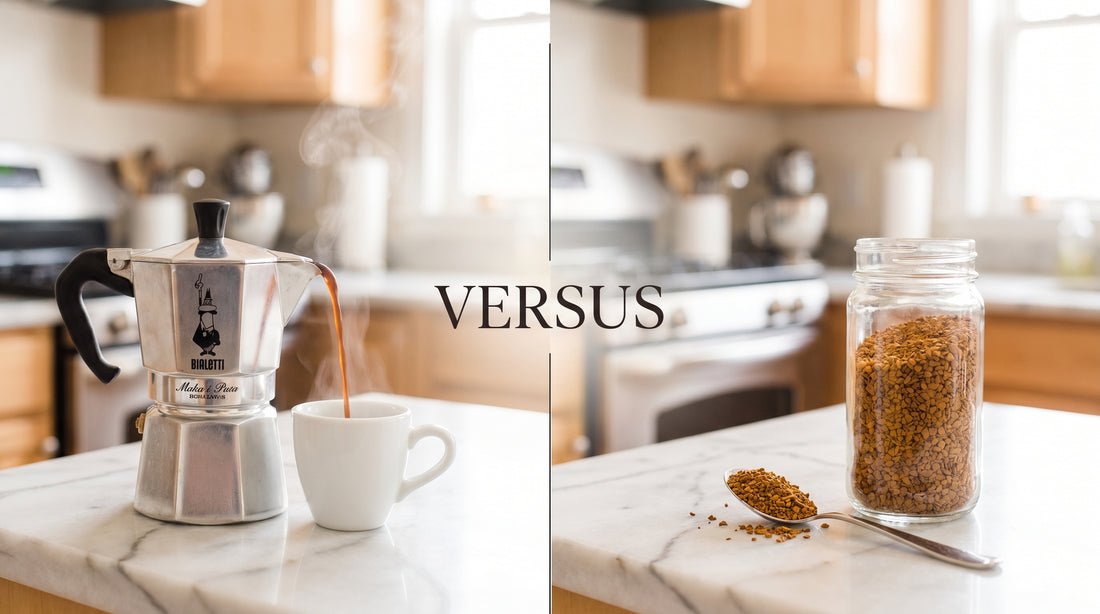 The three distinct parts of a moka pot laid out on a clean surface.