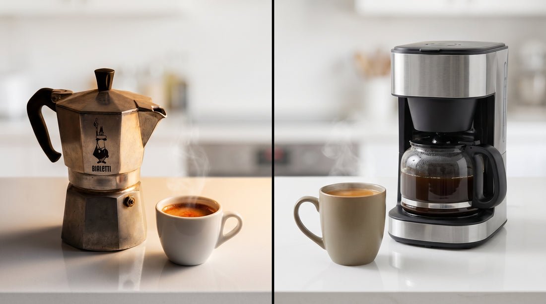 A moka pot brewing on a stove, perfect for answering common coffee brewing questions.