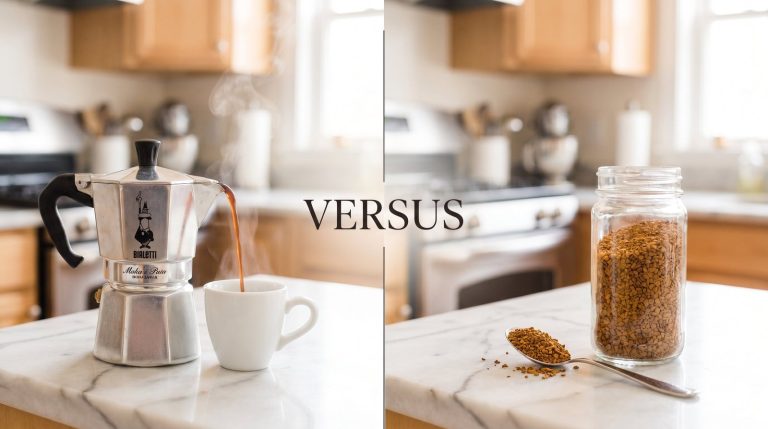A classic moka pot on a wooden counter for a perfect home coffee experience.